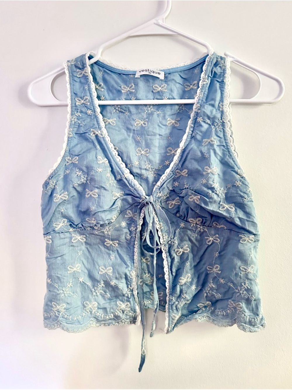Vestique XS Blue Bow Embroidered Tie Front Crop Top Lace Trim Coquette Boho